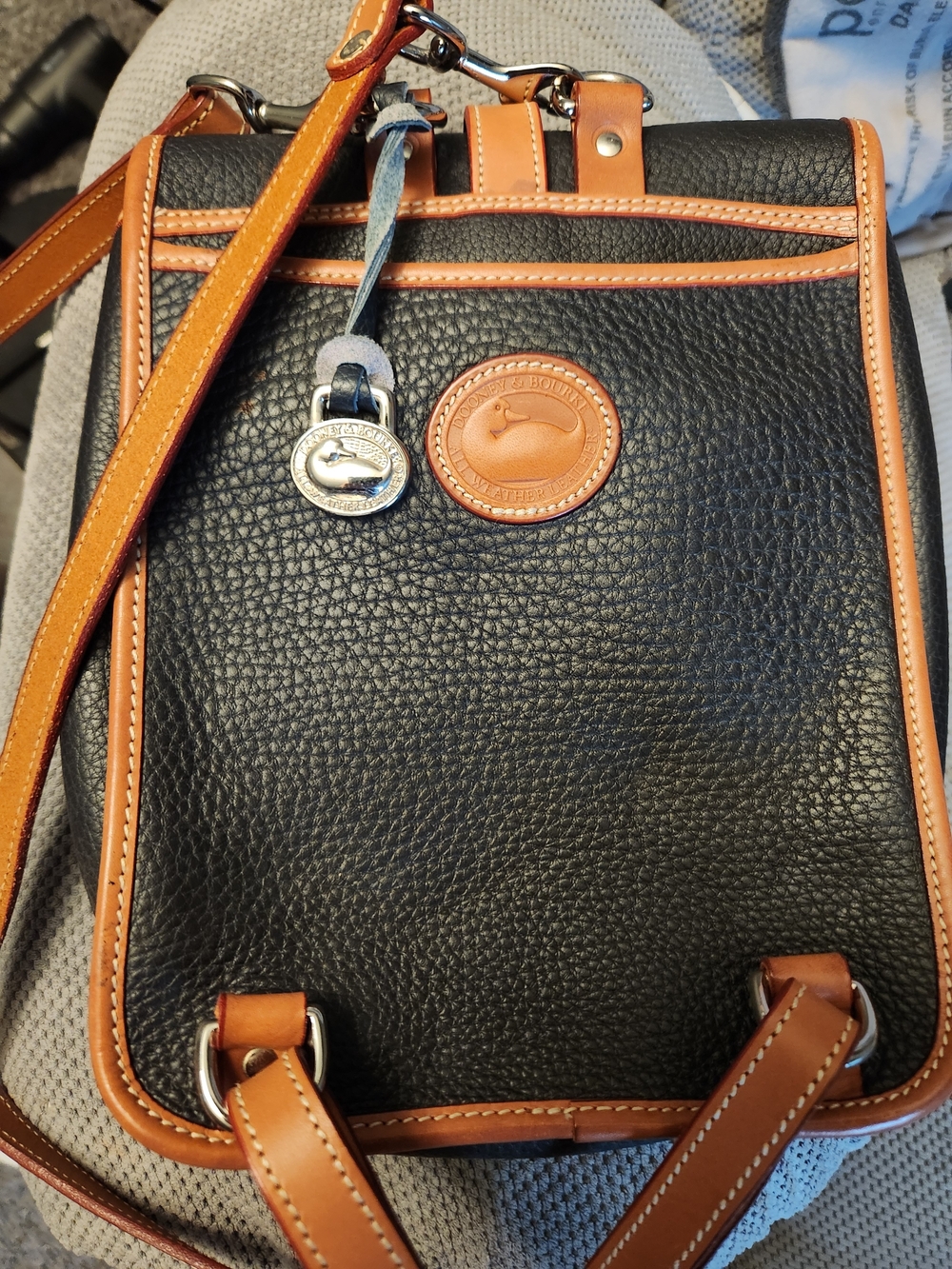Vintage Dooney & Bourke Black Pebbled Leather Backpack with Tan Trim